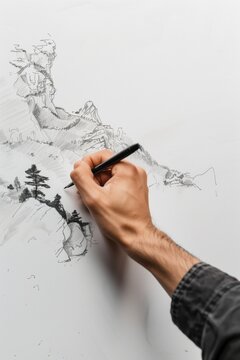 Cyborg hand draws mountain landscape on white canvas with black pen. Hand holds brush, sketching dynamic mountains against light gray background. Concept art of AI-generated image creation.