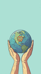 Two hands gently cradle a globe, a peace symbol etched on its surface, against a soft blue background, symbolizing hope for a unified world.