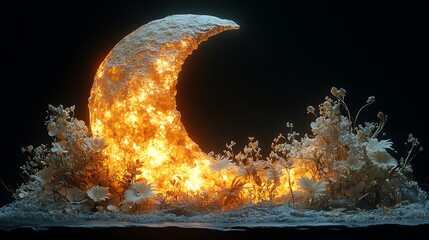 Wall Mural - a glowing crescent moon with white flowers in front of it, against a dark background.