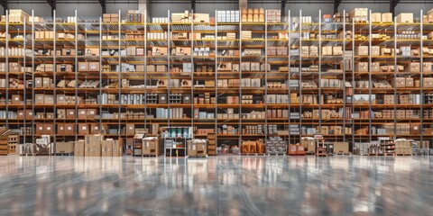 Large industrial storage shelves filled with various boxes and items in a spacious warehouse environment with ample lighting.