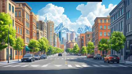 Urban street with cars, skyline, and mountain background, panoramic view.