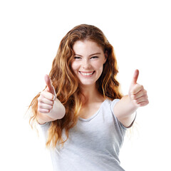 Girl, portrait and smile in studio for thumbs up, thank you and agreement with satisfaction and approval. Female person, happy and good job on white background for support, yes and like with success