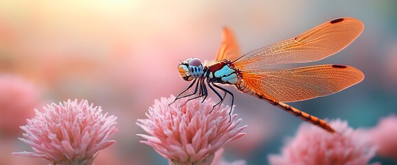 Wall Mural - A vibrant dragonfly perches on a pink flower, wings outstretched against a soft, blurred background.