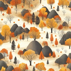 Poster - Seamless autumn forest pattern with hills and yellow foliage