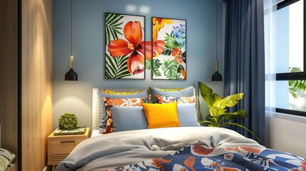 Wall Mural - Bedroom interior with floral poster above cabinet and colorful pillows on bed. Authentic image