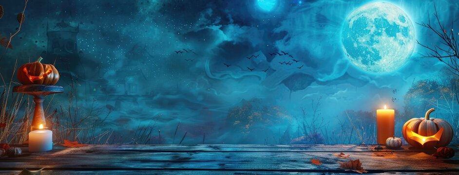 Halloween background with dark forest, night sky and pumpkins on ground, spooky Hight quality illustration, highly detailed