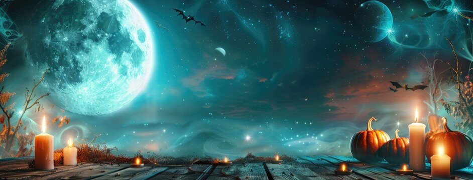 Halloween background with dark forest, night sky and pumpkins on ground, spooky Hight quality illustration, highly detailed
