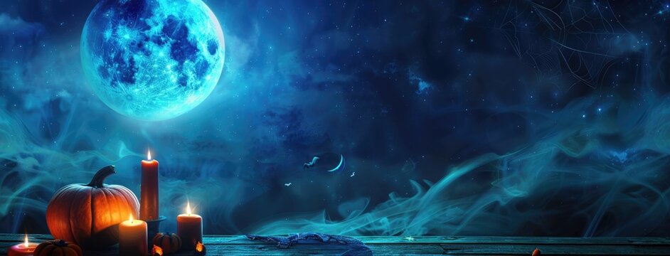 Halloween background with dark forest, night sky and pumpkins on ground, spooky Hight quality illustration, highly detailed