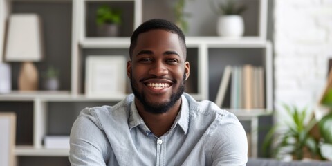 Portrait of happy young black hr manager look at camera stretch hand to you meeting new staff member hired after job interview. Friendly biracial man agent introduce himself to client business