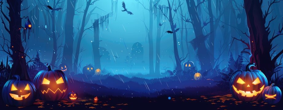 Halloween background with dark forest, night sky and pumpkins on ground, spooky Hight quality illustration, highly detailed