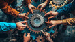 © aekkorn - Gear cog business wheel team teamwork hand concept people office together unity group. Work gear business worker cog power industry meeting solution cooperation man company technology innovation view.