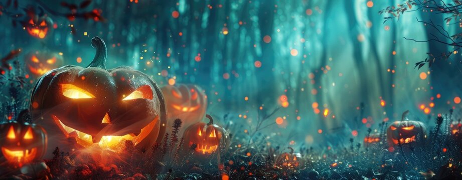 Halloween background with dark forest, night sky and pumpkins on ground, spooky Hight quality illustration, highly detailed