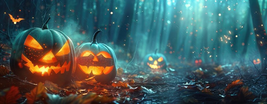 Halloween background with dark forest, night sky and pumpkins on ground, spooky Hight quality illustration, highly detailed