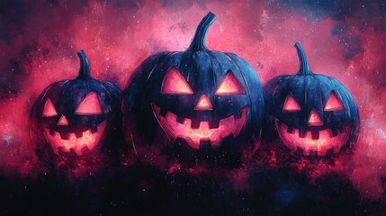 Three illuminated halloween pumpkins emerging from a red fog