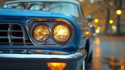 Close-up of a classic car's headlights with the car parked in a city setting at night.