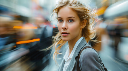 Wall Mural - Morning rush: Confident businesswoman in hurry with business people blurred in background. Blonde businesswoman wearing suit and bag on shoulder.