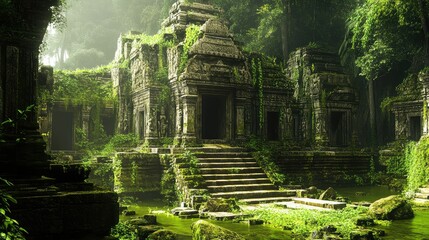 Ancient Asian temple surrounded by lush greenery