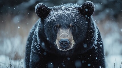 Wall Mural - large black bear standing in snowfall looking ahead