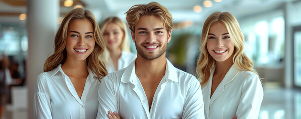 Wall Mural - Handsome and beautiful colleagues, bright white office lobby, city tower background, success aura.