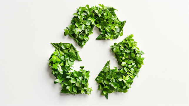Green recycling symbol made out of leaves and elements of nature on white background. Banner with copy space. Concept of ecological waste management and recycling.