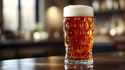 Wall Mural - A hyperrealistic depiction of a frothy glass of amber beer, placed on a polished wooden bar top.