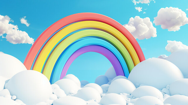3d cartoon rainbow arch of colors in the sky on white background. 3d product background concept rain season for banner, cover, brochure. 3d rendering illustration.