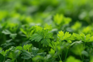Poster - Dense greenery of chervil plants with large leaves. Close-up view of rich foliage in garden. Fresh herbs in field. Green plant growth. Natural landscape. Outdoor scene.