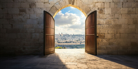 Ancient gate, arch entrance in brick wall with view of ancient city. Entrance to Jerusalem