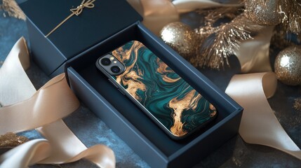 Poster - A unique smartphone case featuring a custom name design, elegantly packaged in a gift box with ribbons and metallic accents.