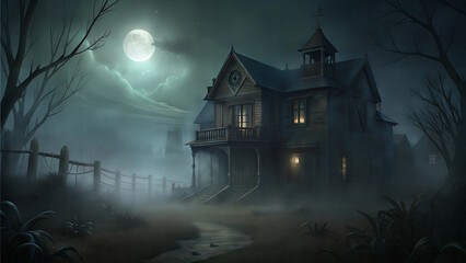 Wall Mural - Spooky old house illuminated by full moon in a dark, foggy landscape