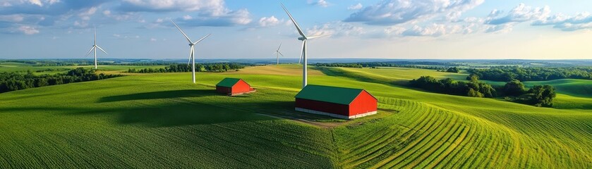 sustainable farm powered by wind turbines, symbolizing green bond investments in agriculture and ren