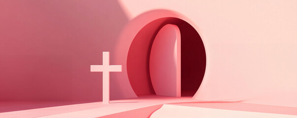 Wall Mural - Minimalist Easter background with cross. Abstract Christian 3D symbols