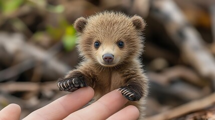 Adorable baby brown bear cub with claws outstretched, held by a hand.