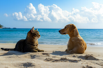 A tabby cat and a golden retriever dog are lying on a sandy beach, looking at each other. The sky is blue and there are white clouds. The water is a beautiful turquoise color.