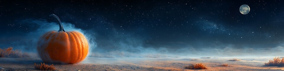 Wall Mural - Pumpkin with ghostly mist, night sky with moon, empty space