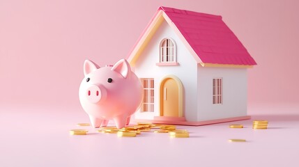 Wall Mural - Savings Dream: 3D Piggy Bank with Cartoon House Model on Pink Background with Coins and Morning Sunlight