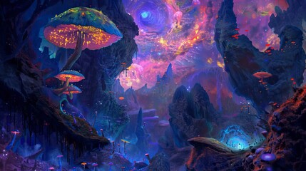 Psychedelic surreal landscape. Digital painting illustration of spiritual journey insight. LSD, magic mushrooms or ayahuasca fantasy experience. Ego death