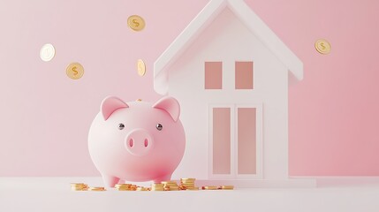 Wall Mural - Cozy Savings - 3D Cartoon Piggy Bank with Gold Coins Falling Next to a House Model on Pastel Pink Background in Minimalistic Style under Midday Lighting