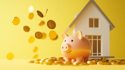 Wall Mural - Financial Planning Concept: Piggy Bank with Coins Falling by House Model on Pastel Yellow Background