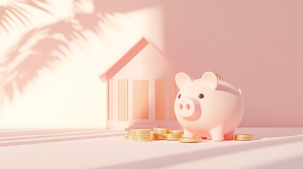 Wall Mural - Modern Piggy Bank Savings Concept with House Model in 3D Render on Pastel Pink Background with Morning Light, Minimalistic Style