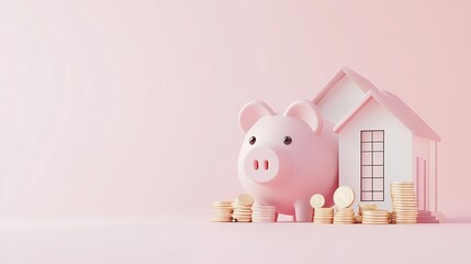 Wall Mural - Modern Minimalistic Piggy Bank with Coins and House Model on Pink Background in Soft Morning Light - 3D Render