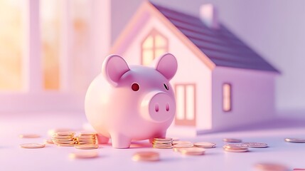 Wall Mural - Financial Planning Concept: Piggy Bank with House Model and Coins in Morning Light on Lavender Background