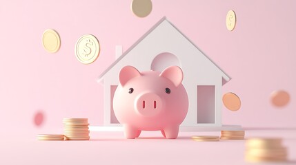 Wall Mural - Modern Minimalistic 3D Composition with Piggy Bank, House Model, and Falling Coins on Pastel Pink Background