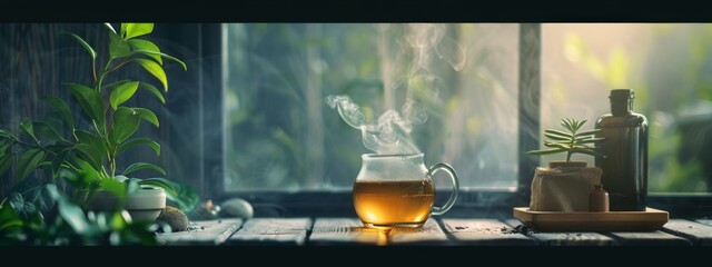 Wall Mural - Steaming tea in a glass mug with a nature-inspired setting