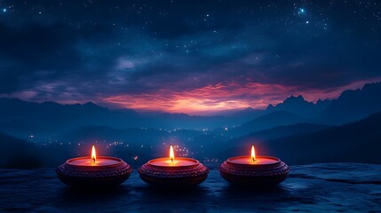 Wall Mural - three candles lit at dusk, with mountains and stars in the background.