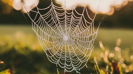 Macro shot of a dewy spider web with tiny water droplets suspended on the silk threads