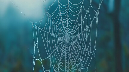 Macro shot of a dewy spider web with tiny water droplets suspended on the silk threads