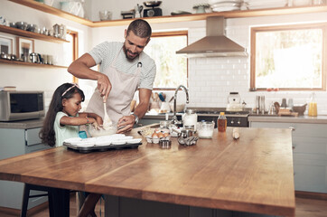 Poster - Father, child and baking with together, skill or cooking for nutrition, education and growth. Male person, kid and teaching in youth development, support and bonding on kitchen counter in family home