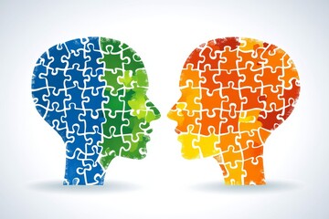 Canvas Print - Cognitive acuity Cognitive capability Colorful puzzle head profiles facing each other symbolizing the diversity of thoughts creative interaction and problem solving through collaboration