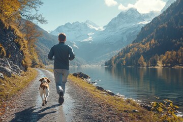 Wall Mural - Man and Dog Running By a Mountain Lake